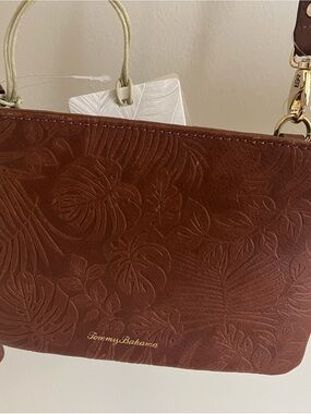 Tommy Bahama Chestnut Brown Embossed Tropical Leather Crossbody
